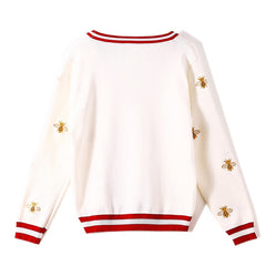 High Quality Fashion Designer Bee Embroidery Cardigan Long Sleeve Single Breasted Contrast Color Button Knitted Sweaters