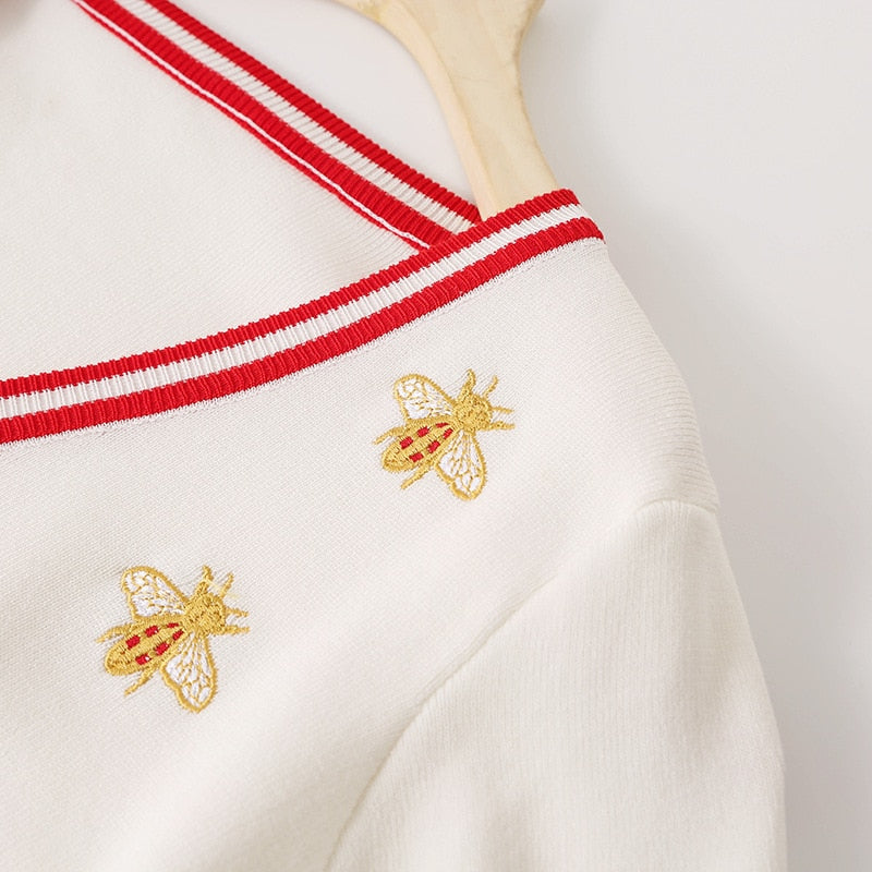 High Quality Fashion Designer Bee Embroidery Cardigan Long Sleeve Single Breasted Contrast Color Button Knitted Sweaters