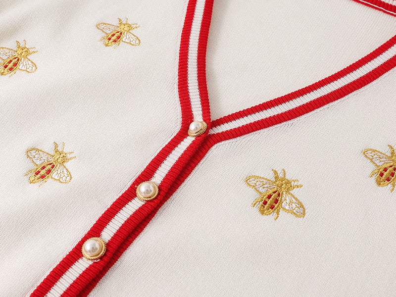 High Quality Fashion Designer Bee Embroidery Cardigan Long Sleeve Single Breasted Contrast Color Button Knitted Sweaters