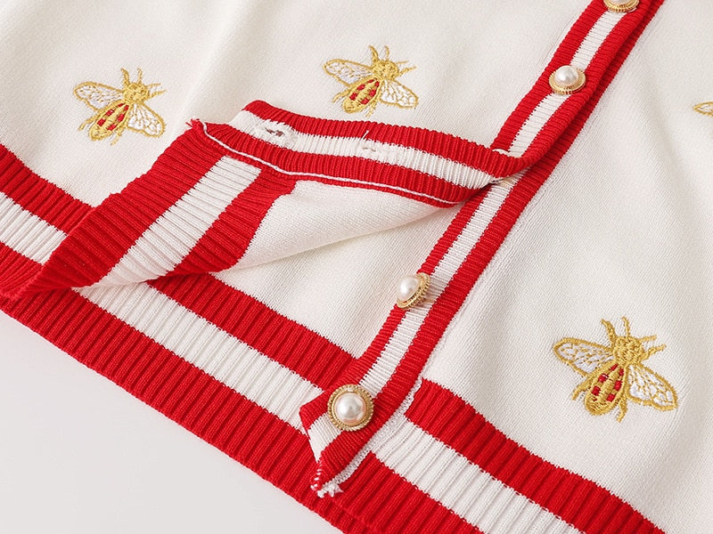 High Quality Fashion Designer Bee Embroidery Cardigan Long Sleeve Single Breasted Contrast Color Button Knitted Sweaters