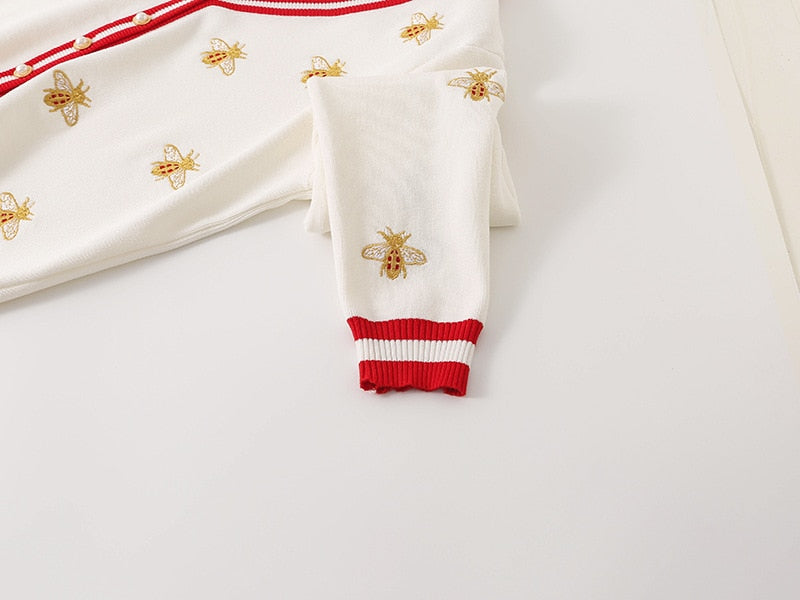 High Quality Fashion Designer Bee Embroidery Cardigan Long Sleeve Single Breasted Contrast Color Button Knitted Sweaters