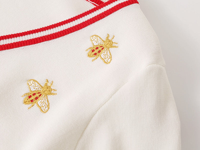 High Quality Fashion Designer Bee Embroidery Cardigan Long Sleeve Single Breasted Contrast Color Button Knitted Sweaters
