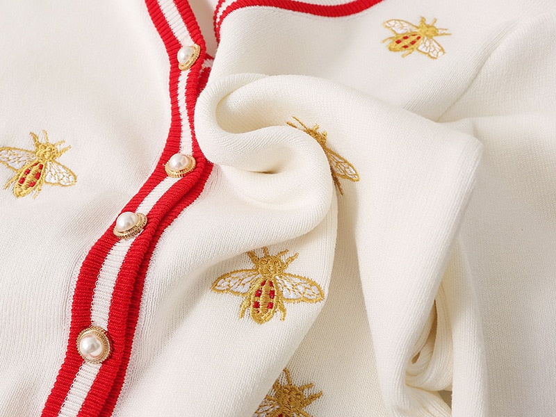 High Quality Fashion Designer Bee Embroidery Cardigan Long Sleeve Single Breasted Contrast Color Button Knitted Sweaters