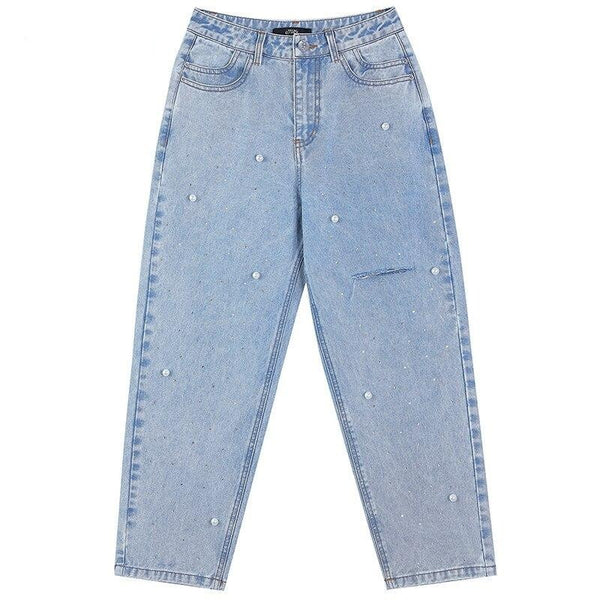 Solid High Waist Washed Casual Denim Jeans Woman,Spring ELF Pure Ripped Hole Diamond Beaded Ladies,Daily Trousers