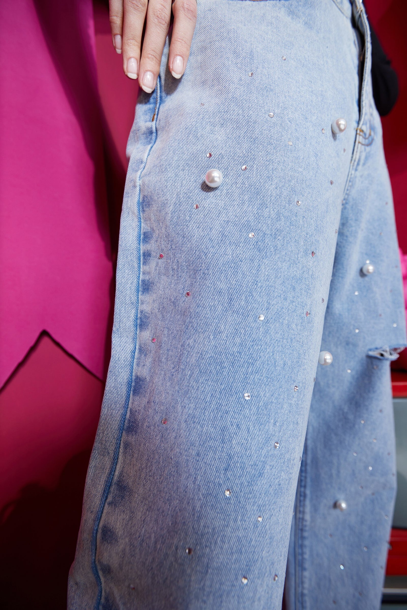 Solid High Waist Washed Casual Denim Jeans Woman,Spring ELF Pure Ripped Hole Diamond Beaded Ladies,Daily Trousers