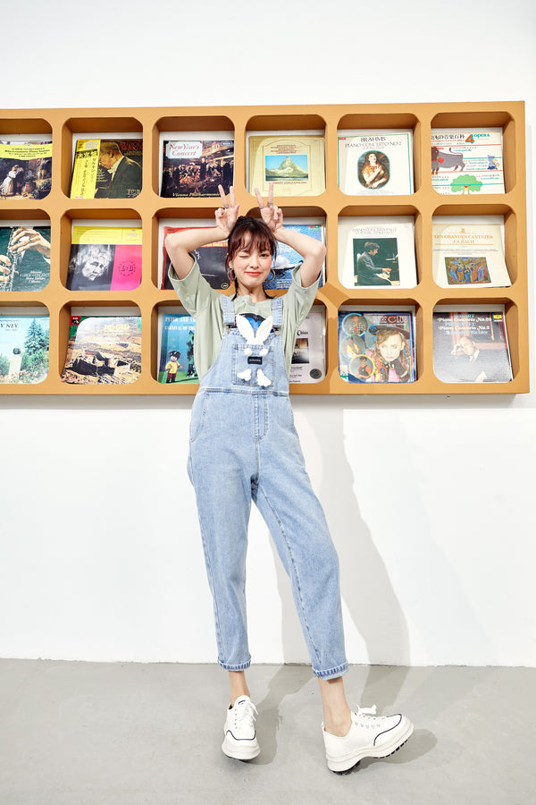 Solid Rabbit Applique Casual Women Overall Denim Jeans,Summer High Waist Straight Pocket Ladies,Daily Jumpsuits