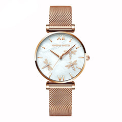 Dragonfly Design White Oyster Scallop Dial  Japan Quartz Ladies Watch Akoya Pearl Shell Stainless Steel Women Watches