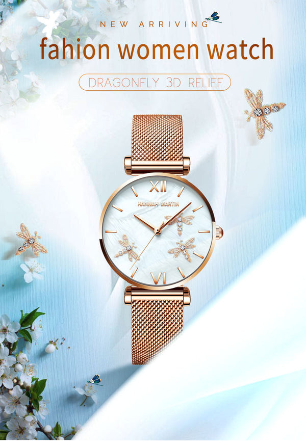 Dragonfly Design White Oyster Scallop Dial  Japan Quartz Ladies Watch Akoya Pearl Shell Stainless Steel Women Watches