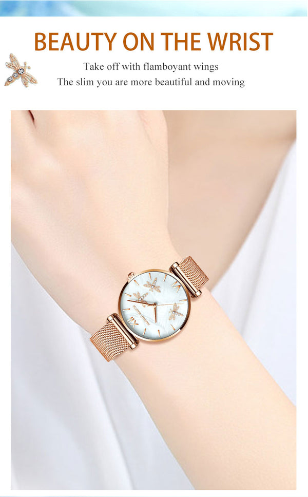 Dragonfly Design White Oyster Scallop Dial  Japan Quartz Ladies Watch Akoya Pearl Shell Stainless Steel Women Watches