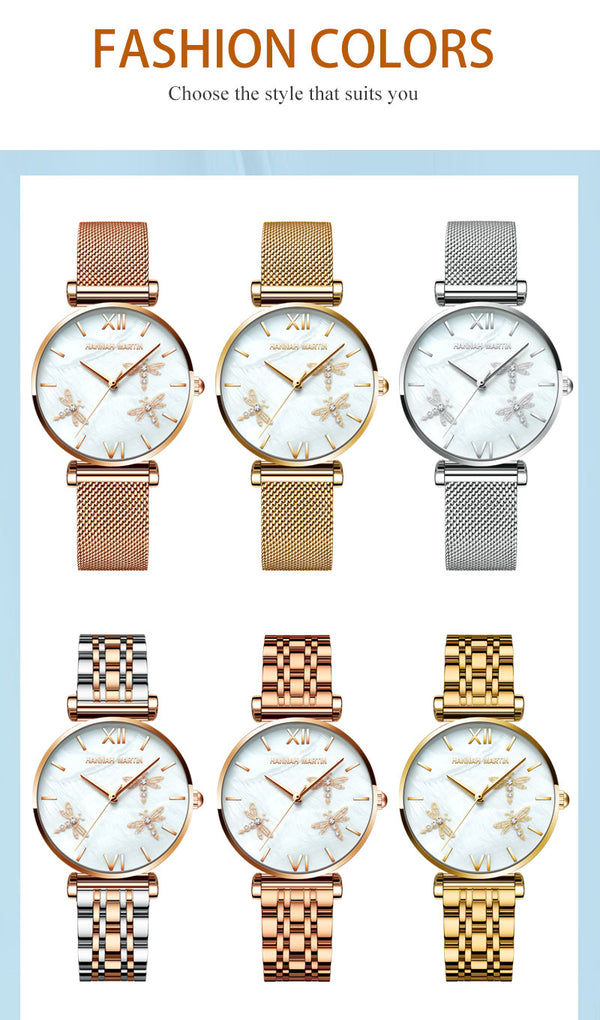 Dragonfly Design White Oyster Scallop Dial  Japan Quartz Ladies Watch Akoya Pearl Shell Stainless Steel Women Watches