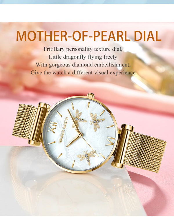 Dragonfly Design White Oyster Scallop Dial  Japan Quartz Ladies Watch Akoya Pearl Shell Stainless Steel Women Watches