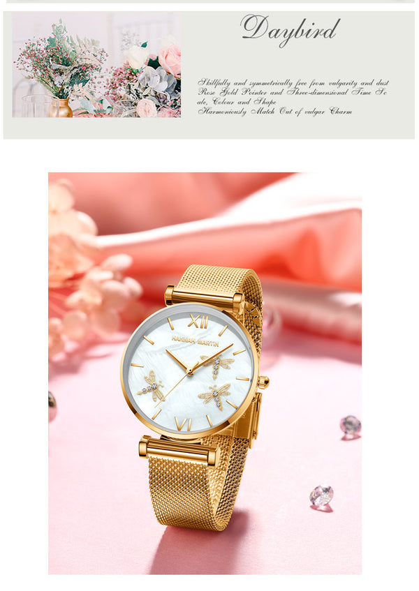 Dragonfly Design White Oyster Scallop Dial  Japan Quartz Ladies Watch Akoya Pearl Shell Stainless Steel Women Watches