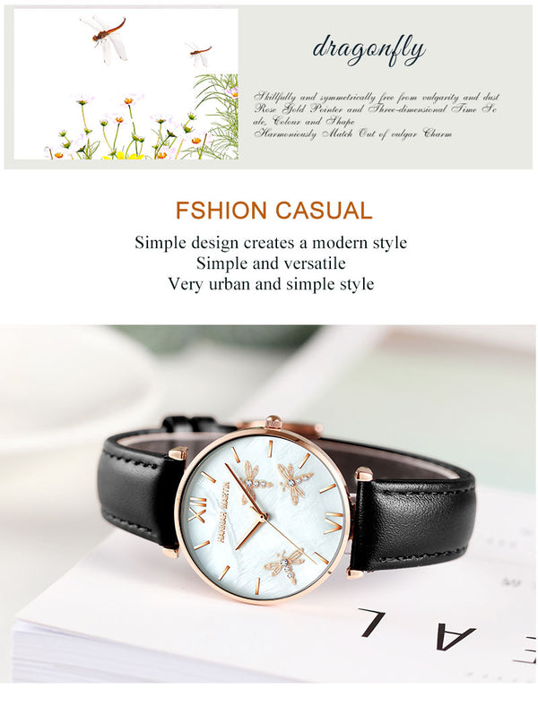 Dragonfly Design White Oyster Scallop Dial  Japan Quartz Ladies Watch Akoya Pearl Shell Stainless Steel Women Watches