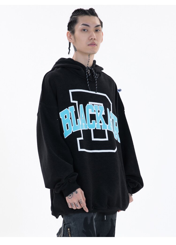 Hoodie Men Hit Color Letter Patch Hooded Sweatshirt Pullover Spring Harajuku College Style Simple All-match Streetwear