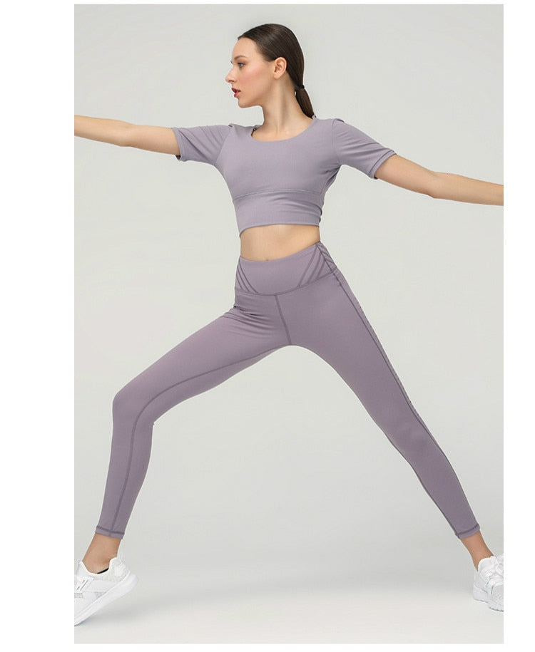 Stretchy Padded Workout Gym T-shirt Women Plain Cotton Feel Yoga Sport Short-Sleeved Shirts with Removable Chest Pads