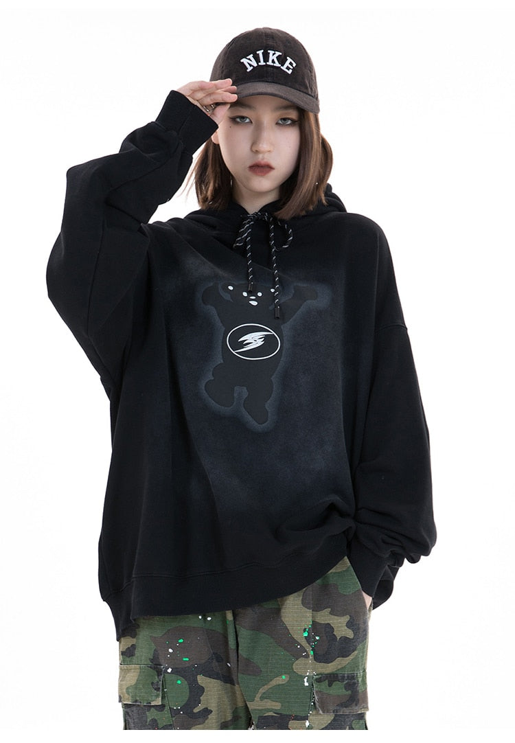Men Funny Bear Letter Print Hoodie Sweatshirt Men Casual Cozy Oversized Pullover High Street Harajuku Couple Streetwear