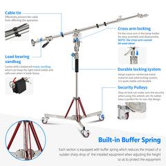 Heavy Duty Light Stand with Casters and Pro Boom Arm,  Stainless Steel Tripod Stand with Crossbar for Reflector,Monolight | Vimost Shop.