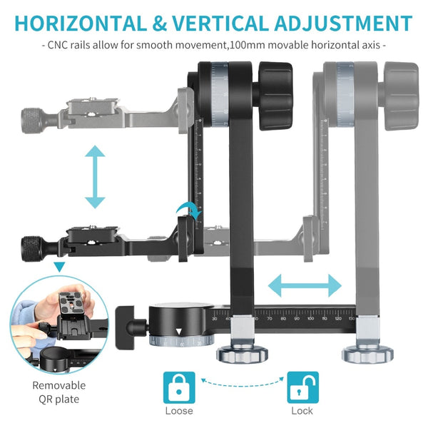Professional Metal Gimbal Tripod Head 360° Panoramic Head with 100mm Movable Horizontal Axis,Arca-Swiss Standard QR Plate | Vimost Shop.