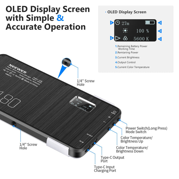 SL180 On-Camera Video Light,Pocket-Size SMD LED/Bi-Color/Dimmable Brightness/CRI95+/Built-in 4000mAh Battery/OLED Display | Vimost Shop.