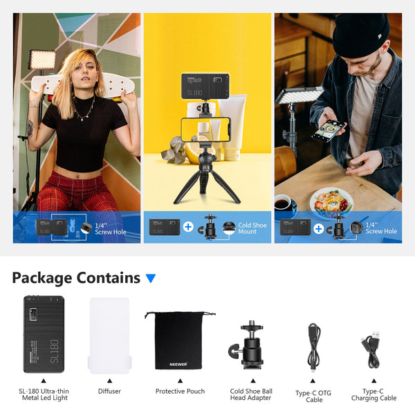 SL180 On-Camera Video Light,Pocket-Size SMD LED/Bi-Color/Dimmable Brightness/CRI95+/Built-in 4000mAh Battery/OLED Display | Vimost Shop.