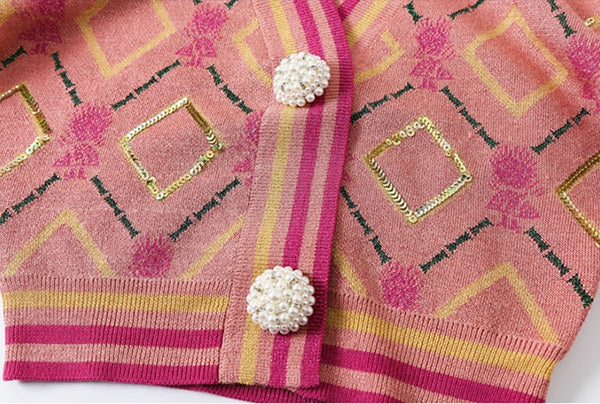 Fashion Spring Fall Knit Cropped Cardigan Lantern Sleeve Casual V-Neck Slim Argyle Women Sweater Outwear High Quality
