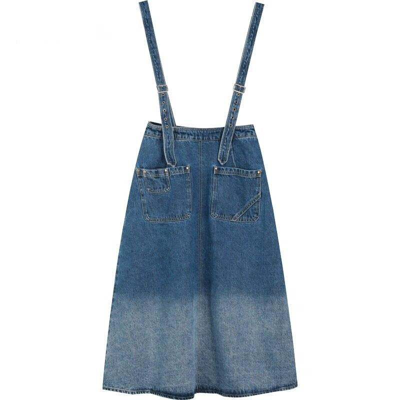 Solid Pure Gradient  High Waist Casual Women Overall Skirts,Spring ELF Vintage,Korean Ladies Daily Denim Bottom
