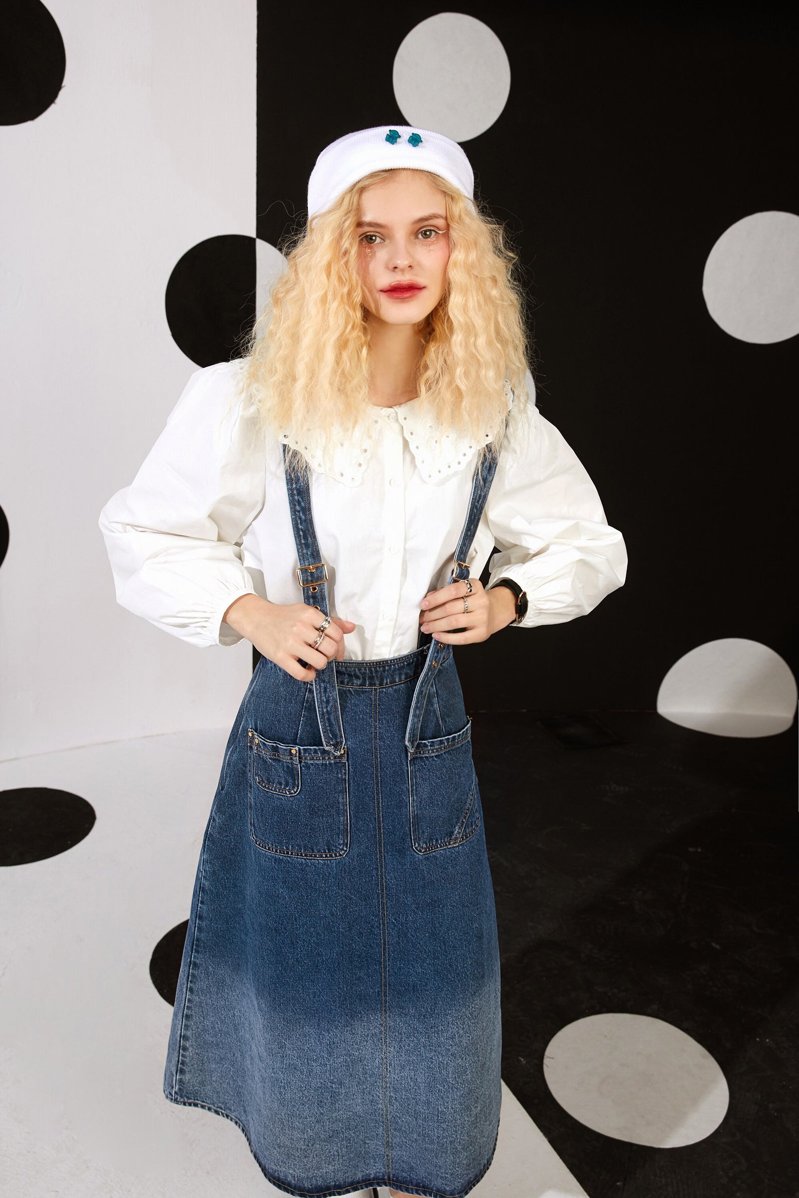 Solid Pure Gradient  High Waist Casual Women Overall Skirts,Spring ELF Vintage,Korean Ladies Daily Denim Bottom