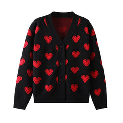 Love Heart Pattern Warm Sweater Jackets Spring Autumn Women Elegant Knitting Vintage V Neck Loose Thick Cardigan Coat