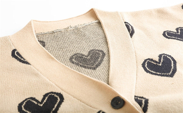 Love Heart Pattern Warm Sweater Jackets Spring Autumn Women Elegant Knitting Vintage V Neck Loose Thick Cardigan Coat