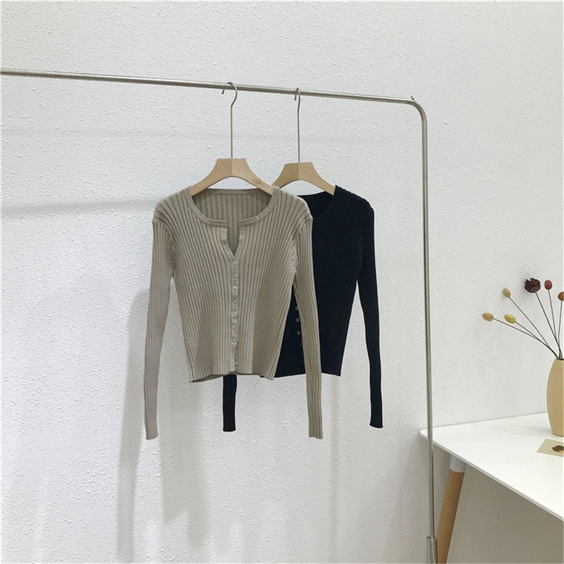 Women Button Up Ribbed Sweater Shirt Cropped Knit Cardigans Korean Knitting Crop Tops Streetwear