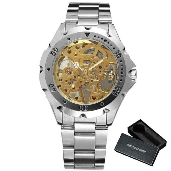 Mechanical Watches Men Top Brand Luxury Gold Wrist Watch Skeleton Dial Vintage Military Stainless Steel Strap