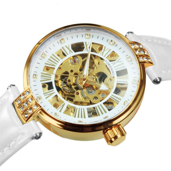 Fashion Vintage Mechanical Women Watches Top Brand Luxury Gold Skeleton Leather Strap Ladies Watch