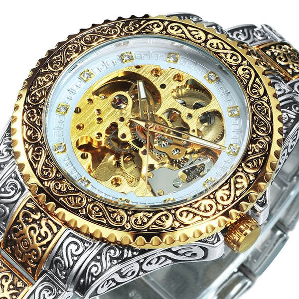 Mens Watches Top Brand Luxury Hand Engraved Mechanical Man Watch Automatic Vintage Gold Skeleton Fashion