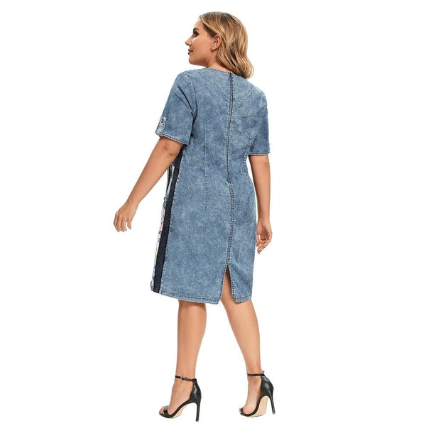 Women's Plus Size Denim Dress Summer Slim Fit Dress Casual Dress Printed Woven Denim Short Sleeve Knee-Length