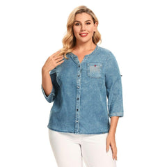 Women's Plus Size Denim Tops Shirt Spring Slim Fit Shirt Casual Shirt Woven Denim Three QuarterSleeve