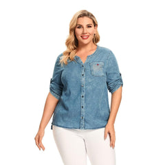 Women's Plus Size Denim Tops Shirt Spring Slim Fit Shirt Casual Shirt Woven Denim Three QuarterSleeve