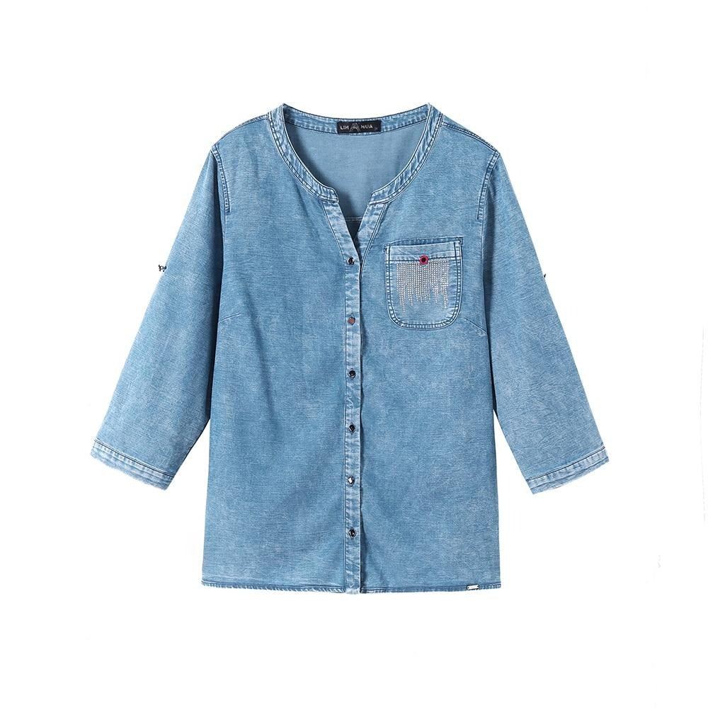 Women's Plus Size Denim Tops Shirt Spring Slim Fit Shirt Casual Shirt Woven Denim Three QuarterSleeve