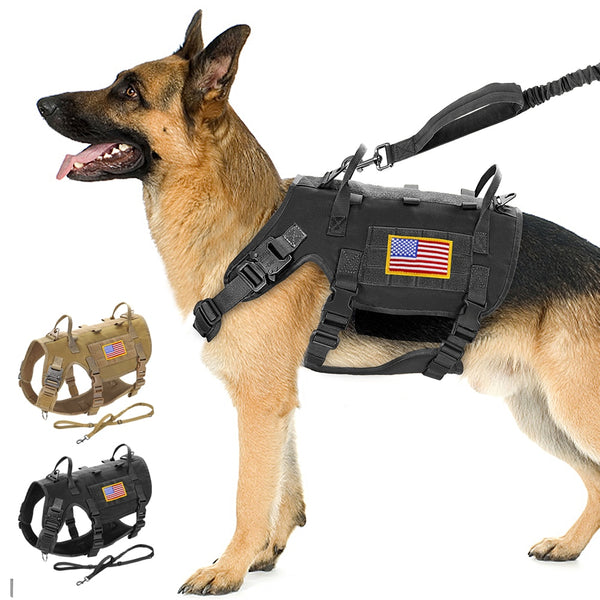 Military Tactical Dog Harness Leash Large Dogs Training Harness Vest With Pouch Working Dog Vests Pet Bungee Leash 2 Handles