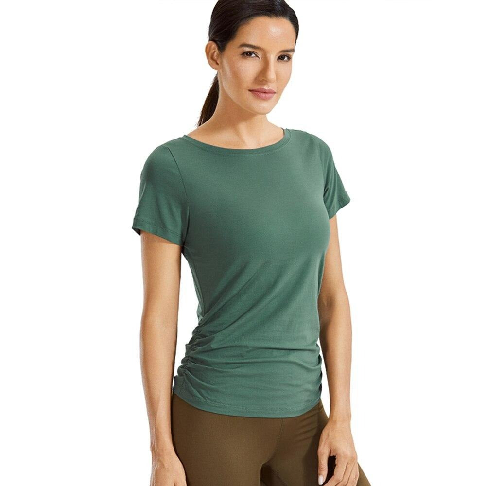 Women's Pima Cotton Short Sleeve Workout Shirt Slim-Fit Yoga T-shirt with Side Shirring