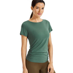 Women's Pima Cotton Short Sleeve Workout Shirt Slim-Fit Yoga T-shirt with Side Shirring