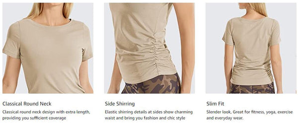 Women's Pima Cotton Short Sleeve Workout Shirt Slim-Fit Yoga T-shirt with Side Shirring