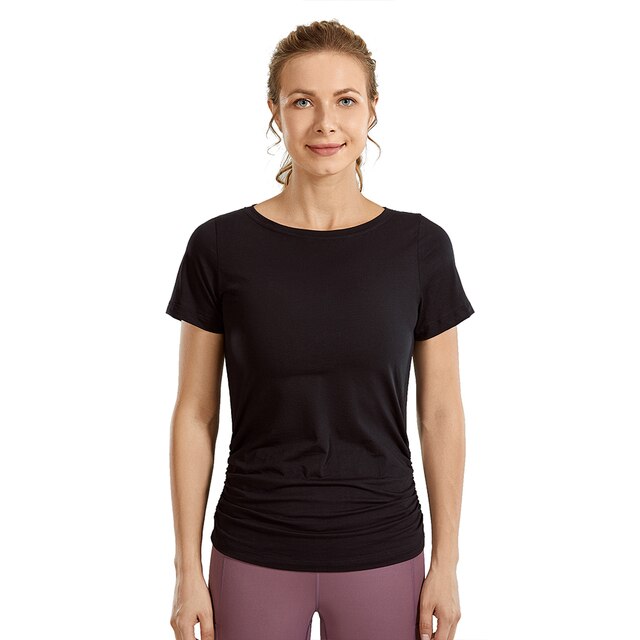 Women's Pima Cotton Short Sleeve Workout Shirt Slim-Fit Yoga T-shirt with Side Shirring