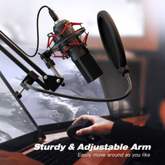 USB Gaming Microphone Set with Flexible Arm Stand Pop Filter Plug&Play with PC Laptop Computer Streaming Podcast Mic T732