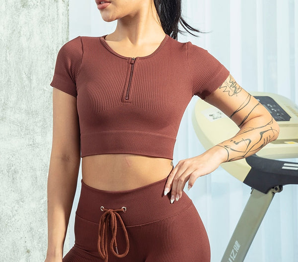Seamless Yoga Shirts Zipper Short Sleeve Workout Tops Women Fitness Crop Top Workout Tops Gym Clothes Sportswear Running T-shirt