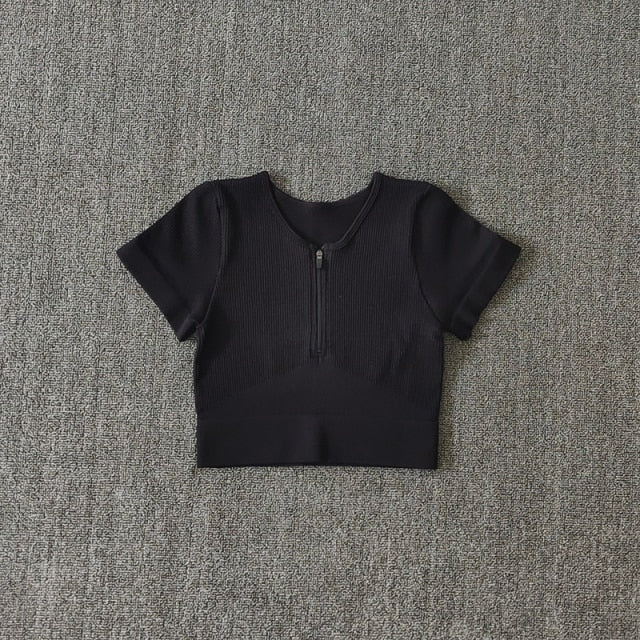 Seamless Yoga Shirts Zipper Short Sleeve Workout Tops Women Fitness Crop Top Workout Tops Gym Clothes Sportswear Running T-shirt