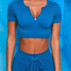 Seamless Yoga Set Sport Suit Women Workout Clothes Gym Zipper Short Sleeve Crop Top Drawstring Sports Shorts Fitness Sportswear