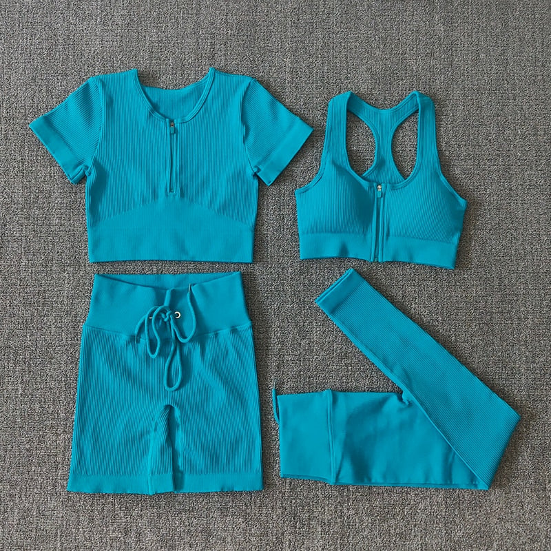 Seamless Yoga Set Workout Shirts Sport Pants Bra Gym Clothing Tracksuit Drawstring High Waist Running Leggings Fitness Suit