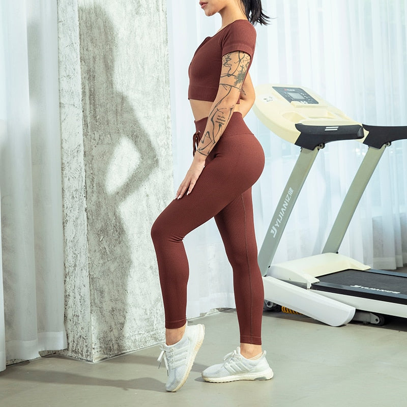 Seamless Yoga Set Workout Shirts Sport Pants Bra Gym Clothing Tracksuit Drawstring High Waist Running Leggings Fitness Suit