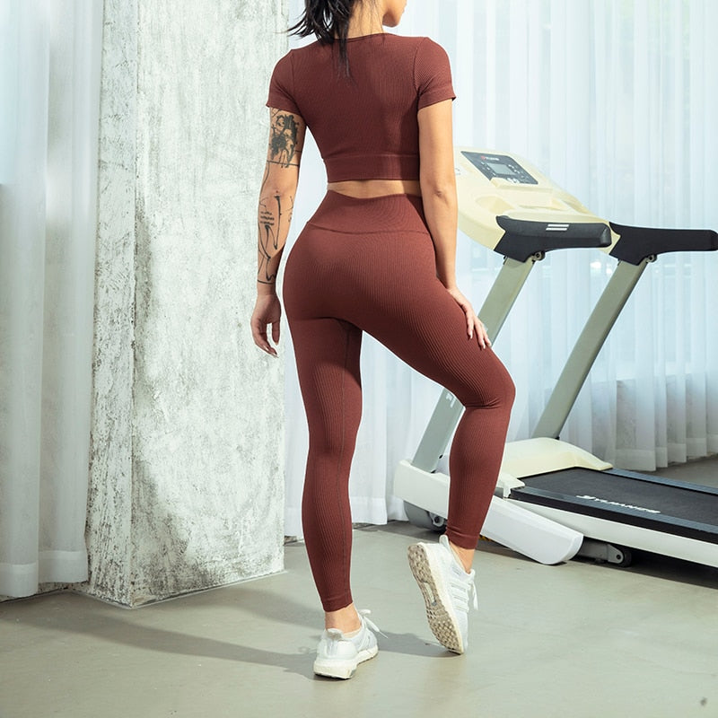 Seamless Yoga Set Workout Shirts Sport Pants Bra Gym Clothing Tracksuit Drawstring High Waist Running Leggings Fitness Suit