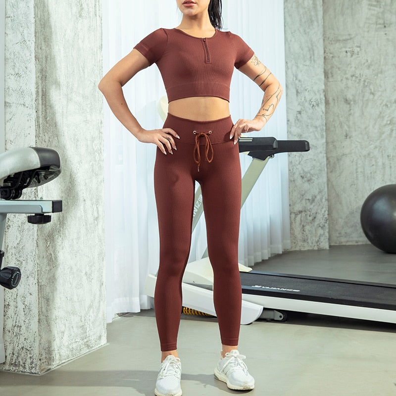 Seamless Yoga Set Workout Shirts Sport Pants Bra Gym Clothing Tracksuit Drawstring High Waist Running Leggings Fitness Suit